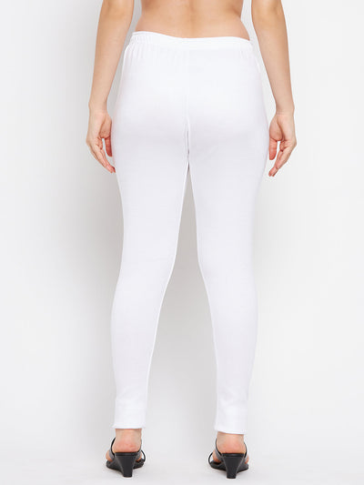 White solid woolen leggings from Clora, showcasing comfortable premium fabric ideal for casual wear.