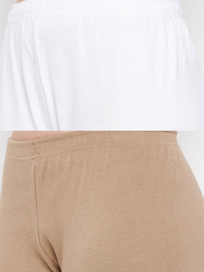 White and dark fawn solid woolen leggings pack, premium comfort.
