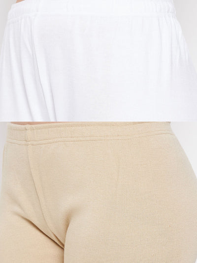Clora White & Light Fawn Solid Woolen Leggings (Pack Of 2)