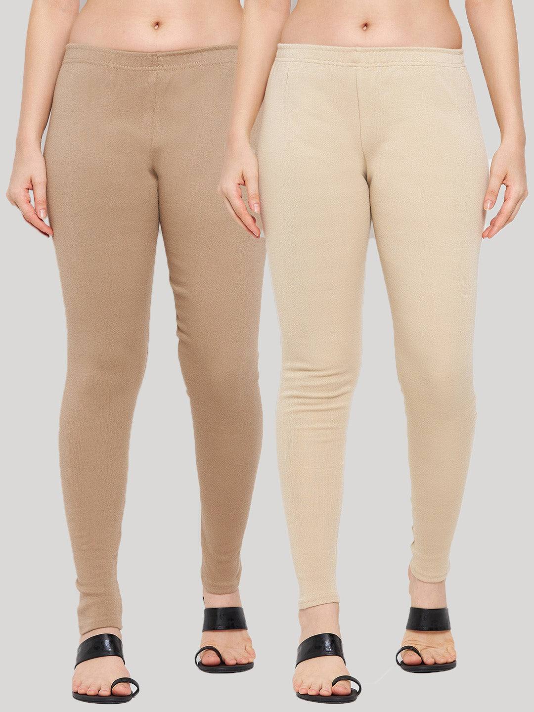 Clora Dark Fawn & Light Fawn Solid Woolen Leggings (Pack Of 2)