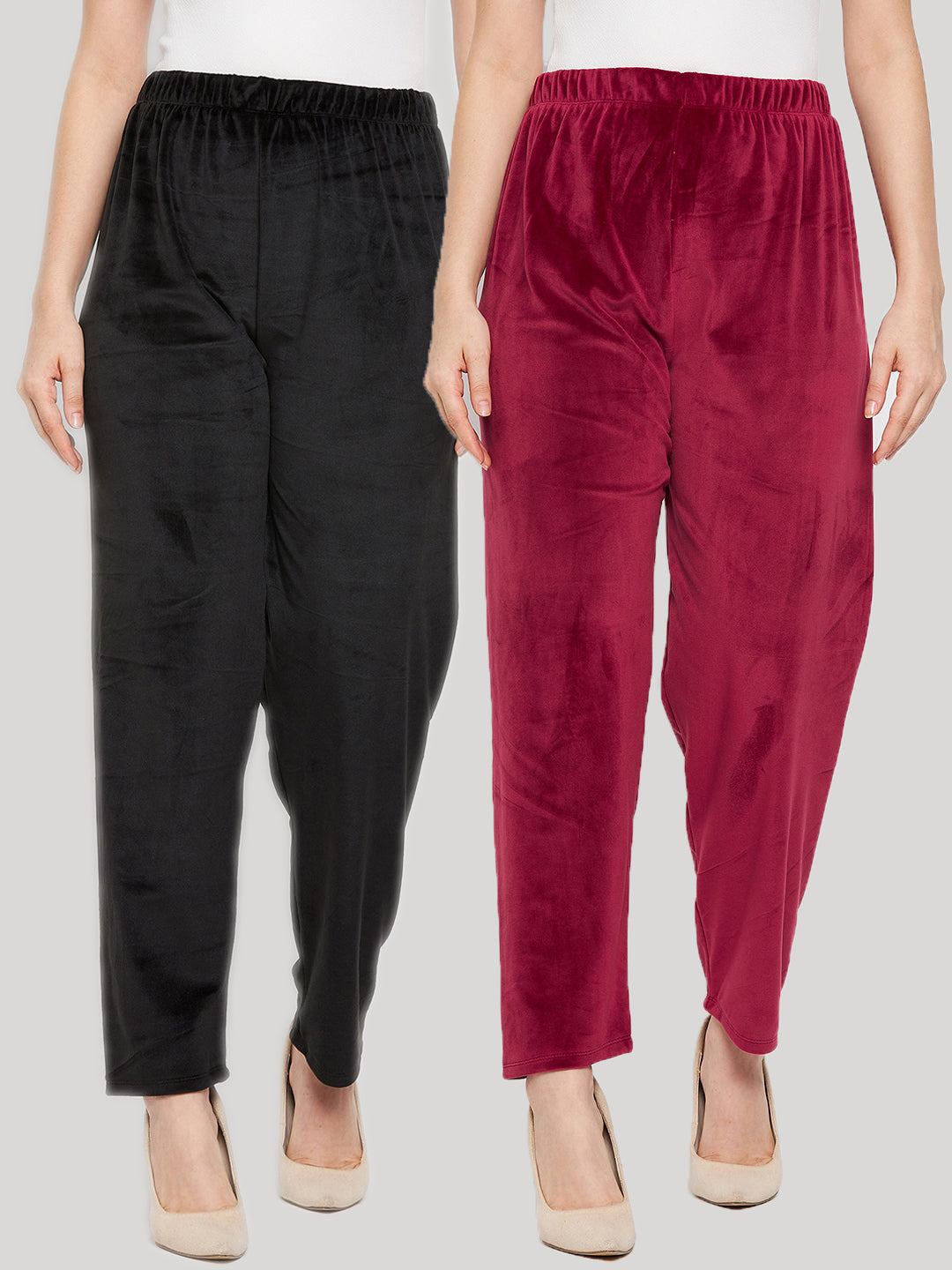 Clora Black & Maroon Solid Velvet Palazzo (Pack of 2)