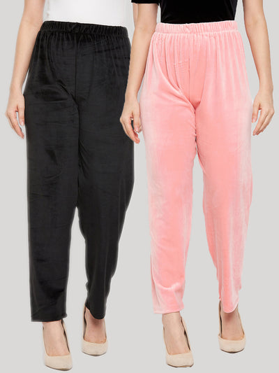 Black and baby pink solid velvet palazzo pants pack of two.