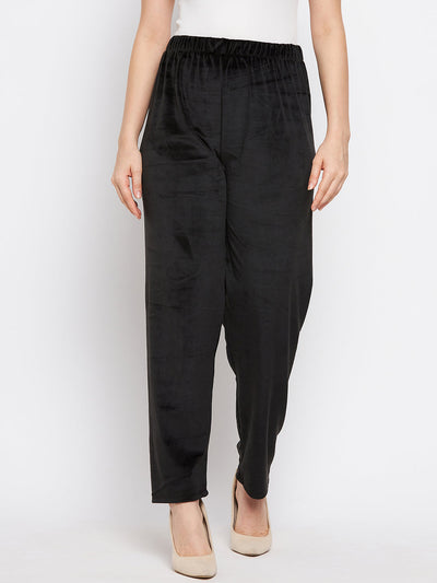 Black velvet palazzo pants for women, part of Black & Baby Pink Solid Velvet Palazzo Pack.