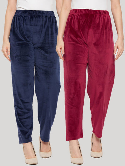 Clora Navy Blue & Maroon Solid Velvet Palazzo (Pack of 2)