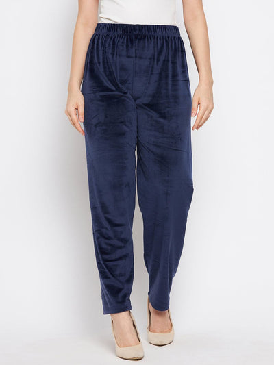 Navy blue solid velvet palazzo with elastic waistband for women.