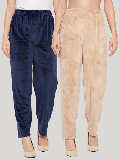 Clora Navy Blue & Beige Solid Velvet Palazzo (Pack of 2)