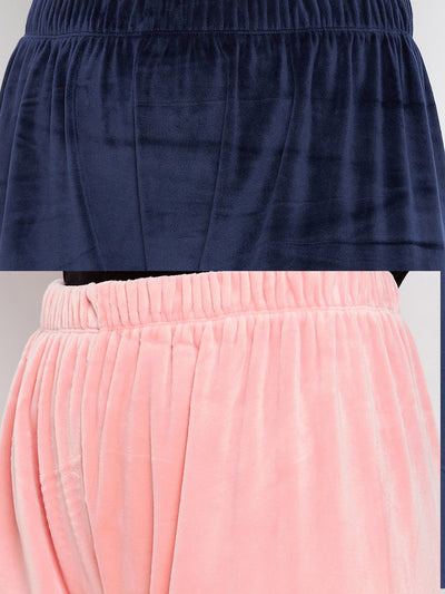 Clora Navy Blue & Baby Pink Solid Velvet Palazzo (Pack of 2)