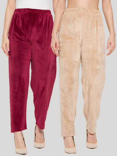 Maroon and beige solid velvet palazzo pants pack of two.