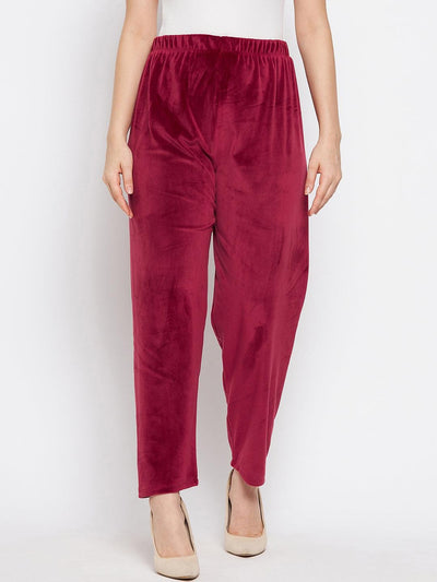 Maroon solid velvet palazzo from Clora, stylish and comfortable for summer wear.