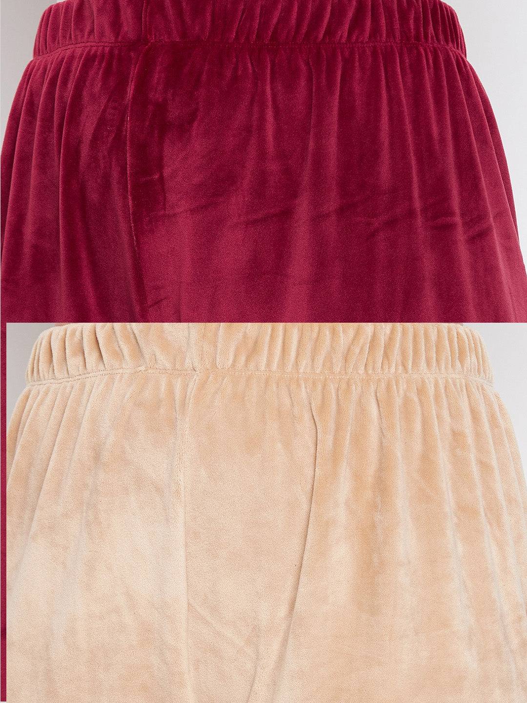 Maroon and beige solid velvet palazzo pack of 2.