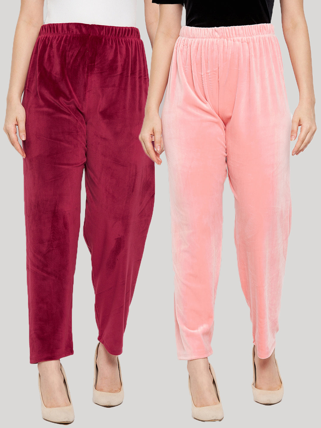 Clora Maroon & Baby Pink Solid Velvet Palazzo (Pack of 2)