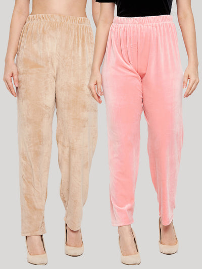 Clora Beige & Baby Pink Solid Velvet Palazzo (Pack of 2)