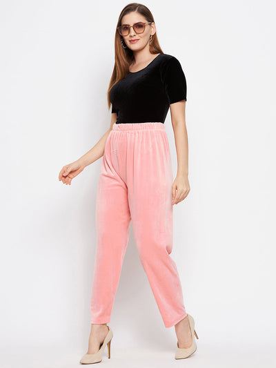 Beige and baby pink solid velvet palazzo pack, stylish summer casual wear.