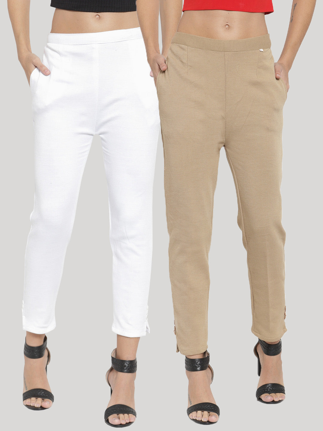 Clora White & Light Fawn Solid Woolen Trouser (Pack of 2)