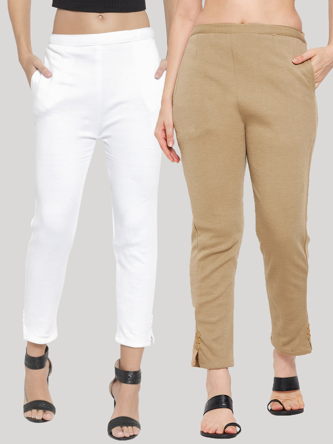 Clora White & Dark Fawn Solid Woolen Trouser (Pack of 2)