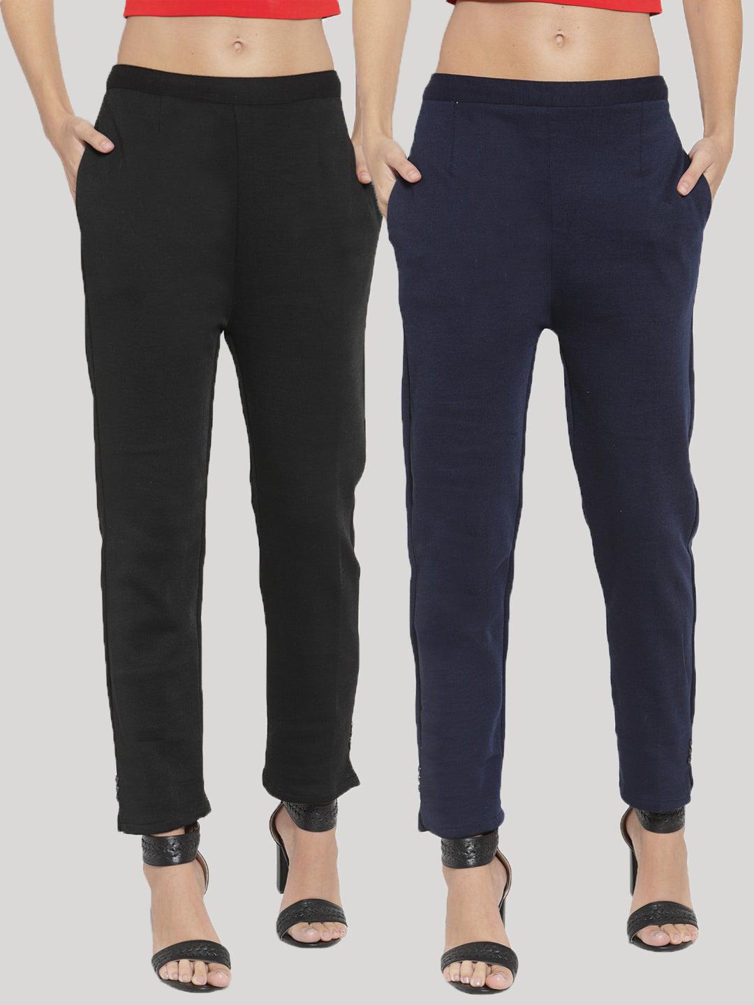 Black and navy blue solid woolen trouser pack for women.