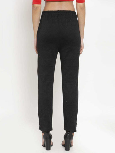 Black and navy blue solid woolen trouser pack for women, featuring a comfortable fit and winter-ready design.