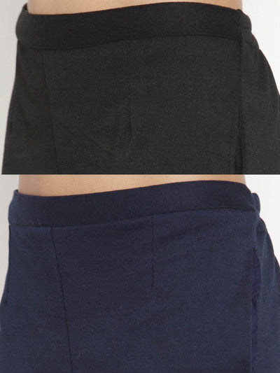 Black and navy blue solid woolen trousers pack for women.