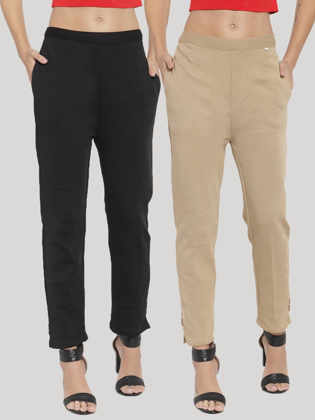 Clora Black & Light Fawn Solid Woolen Trouser (Pack of 2)