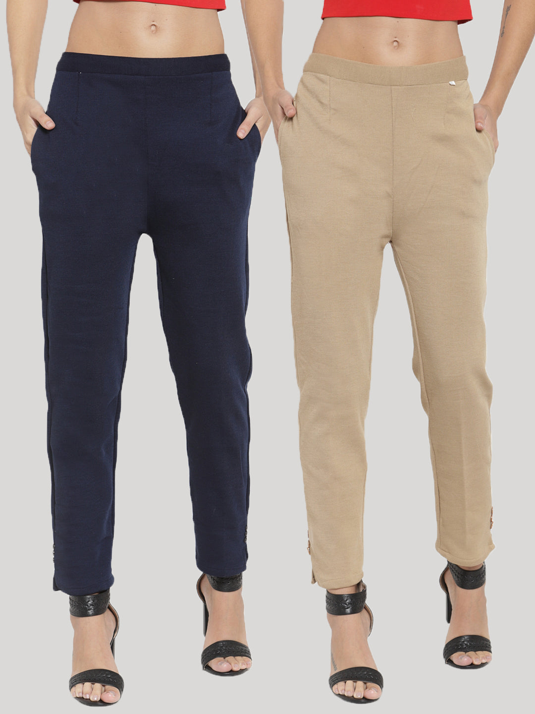Clora Navy Blue & Light Fawn Solid Woolen Trouser (Pack of 2)