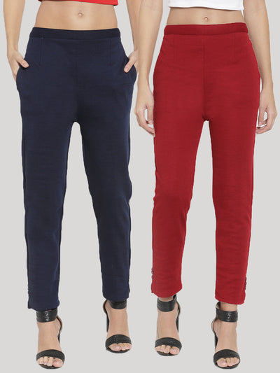 Navy Blue and Maroon solid woolen trousers pack of 2 for women.