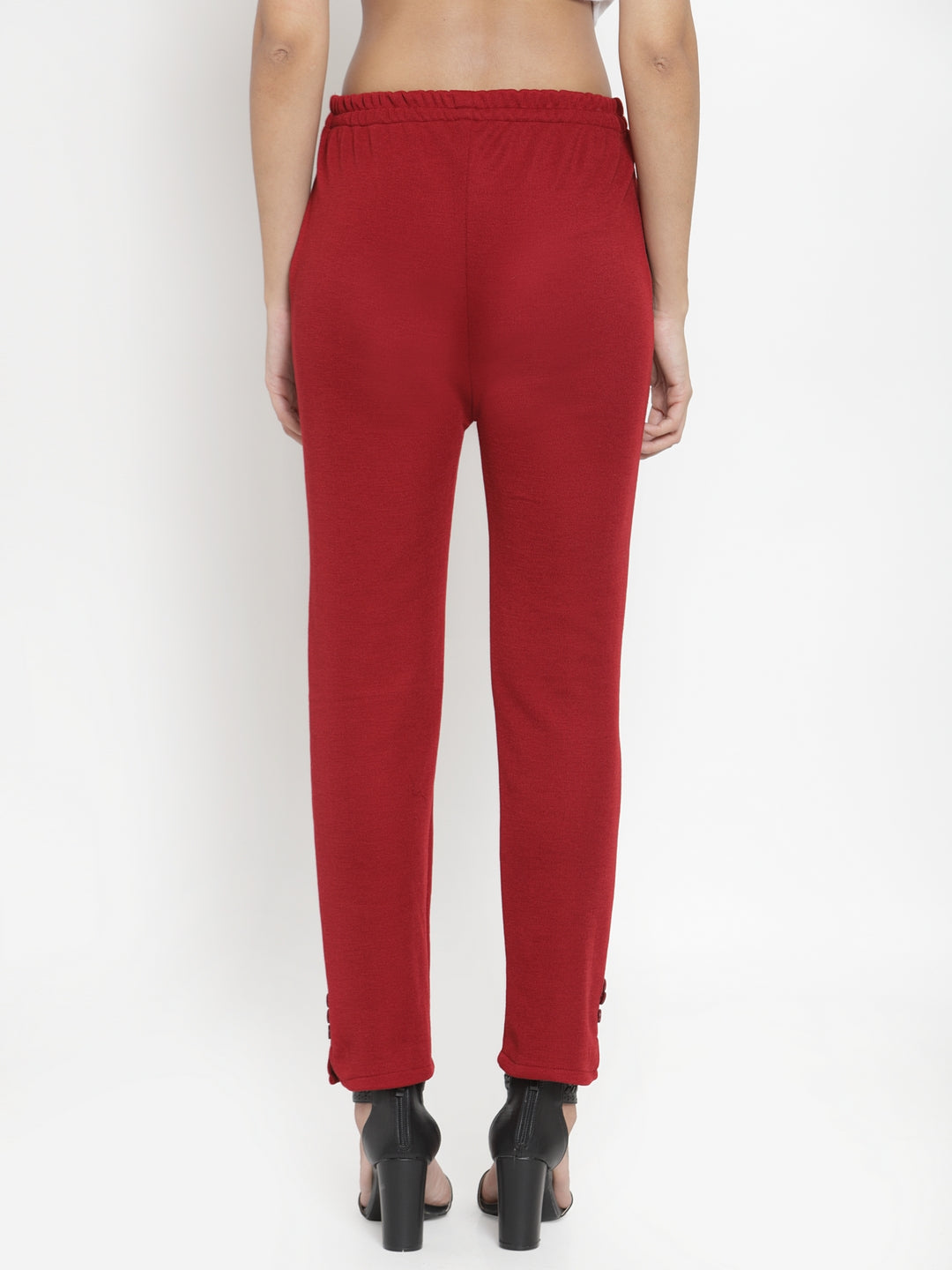 Navy Blue and Maroon solid woolen trousers pack for women, rear view, showcasing comfortable winter wear.