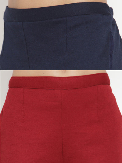 Navy blue and maroon solid woolen trousers pack of 2 for women.
