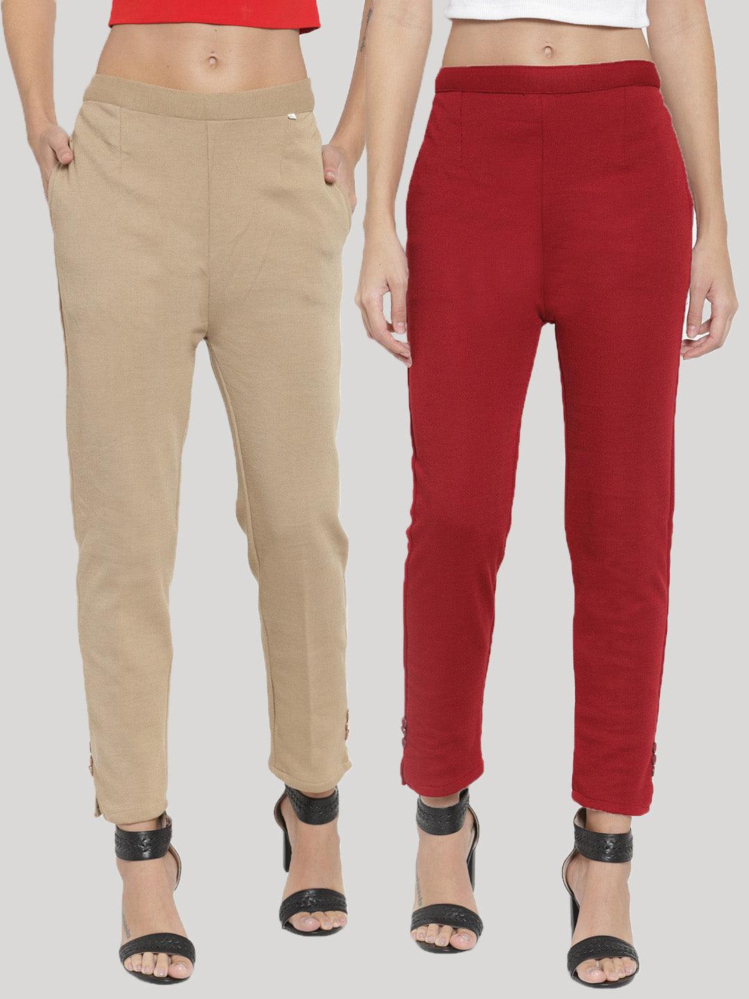 Light Fawn and Maroon solid woolen trouser pack for women by Clora.