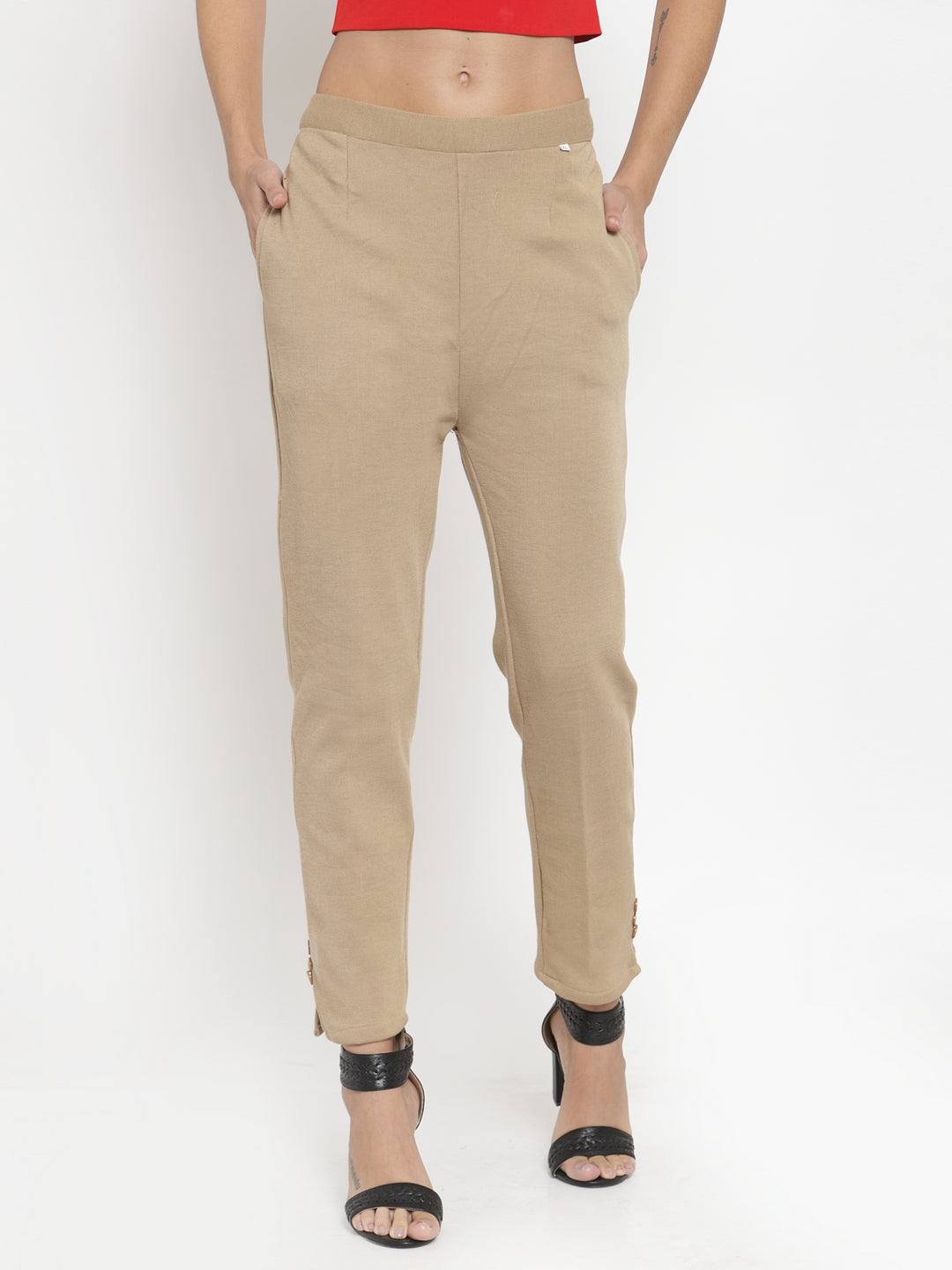 Light Fawn and Maroon solid woolen trousers pack for women.