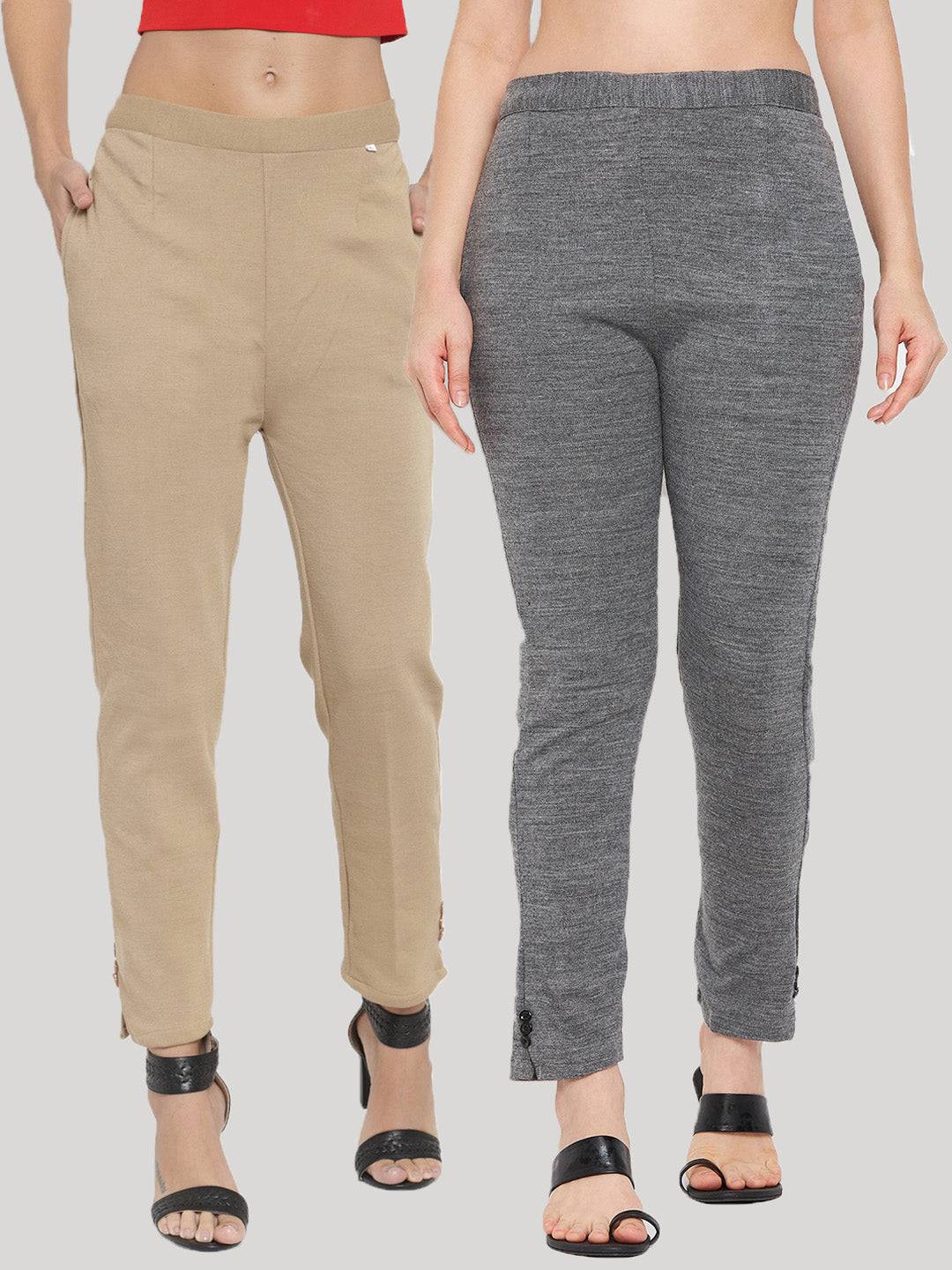 Light fawn and grey solid woolen trousers pack for women.