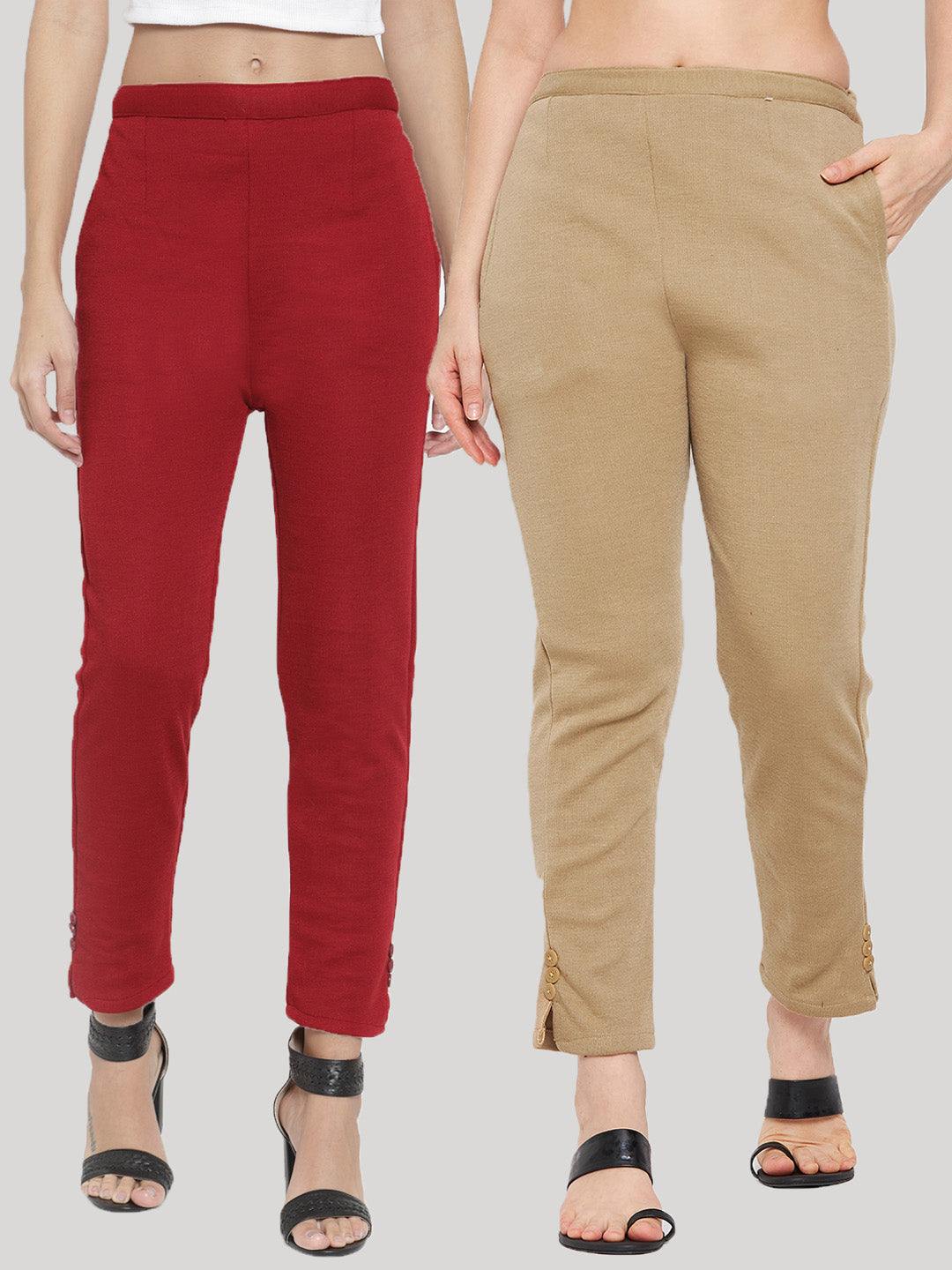 Maroon and dark fawn solid woolen trousers for women, pack of 2.