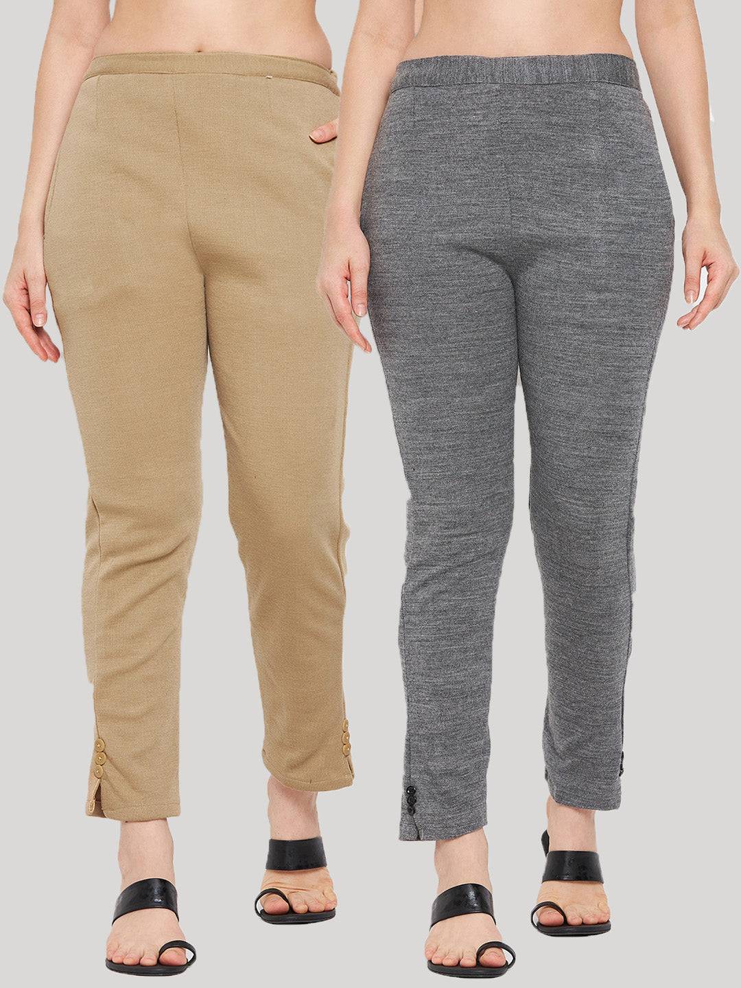 Clora Dark Fawn & Grey Solid Woolen Trouser (Pack of 2)