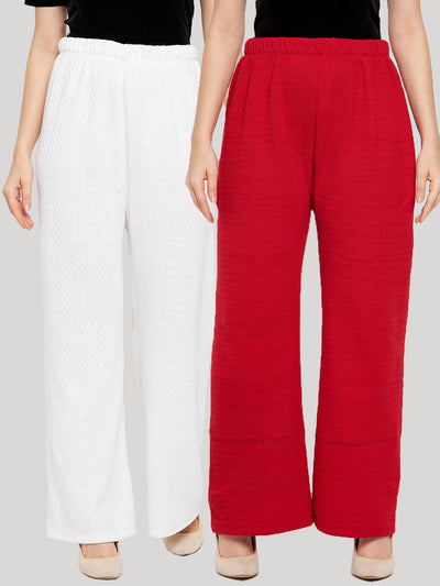 White & Red Solid Woolen Palazzo Pack, comfortable woolen fabric, casual summer wear.