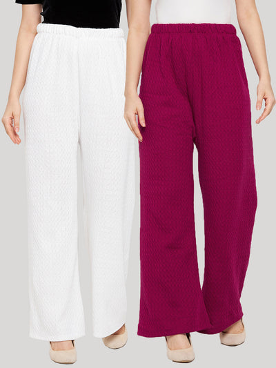 Clora White & Magenta Solid Woolen Palazzo (Pack of 2)