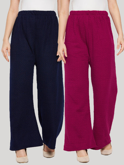 Navy blue and magenta solid woolen palazzo pack of two.