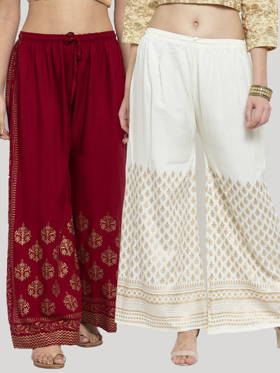 Clora Printed Maroon & Cream Rayon Palazzo (Pack Of 2)
