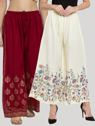 Clora Printed Maroon & Cream Rayon Palazzo (Pack Of 2)