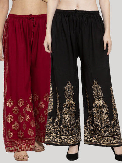 Clora Printed Maroon & Black Rayon Palazzo (Pack Of 2)