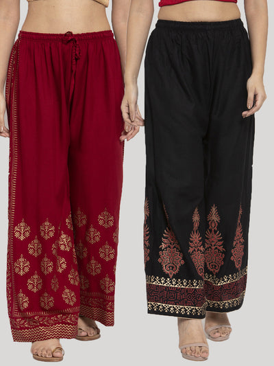 Printed maroon and black rayon palazzo pack of 2 with elegant designs.