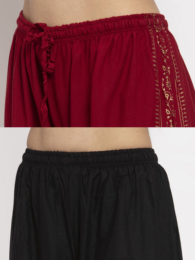 Printed maroon and black rayon palazzo pack of 2, featuring comfortable elastic waistbands.