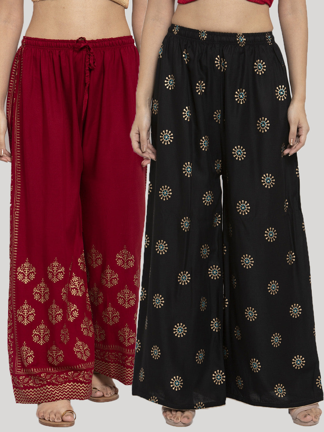 Printed maroon and black rayon palazzo pants pack of two with decorative patterns.