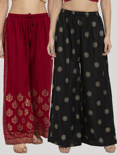 Printed maroon and black rayon palazzo pants pack of two with decorative patterns.