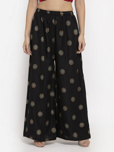 Printed maroon and black rayon palazzo pants pack of 2, comfortable and stylish design.