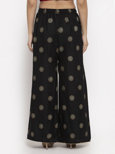 Printed maroon and black rayon palazzo pack of 2 with floral pattern.