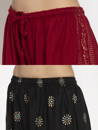 Printed Maroon and Black Rayon Palazzo Pack of 2 with embroidered details.