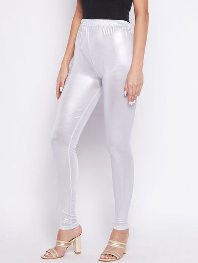 Clora Silver Solid Shimmer Ankle Length Leggings
