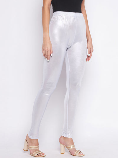 Clora Silver Solid Shimmer Ankle Length Leggings