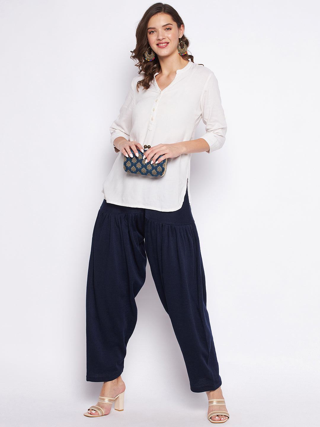 Grey and navy blue solid woolen salwar pack, comfortable and lightweight.