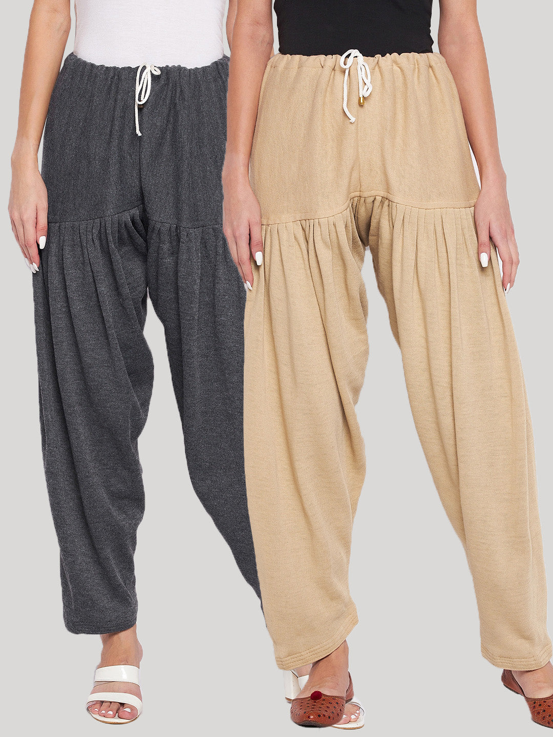 Two pairs of woolen salwars in grey and fawn, showcasing comfortable and lightweight design.