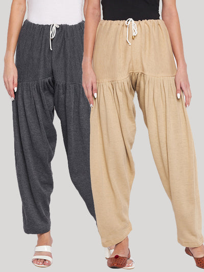 Two pairs of woolen salwars in grey and fawn, showcasing comfortable and lightweight design.